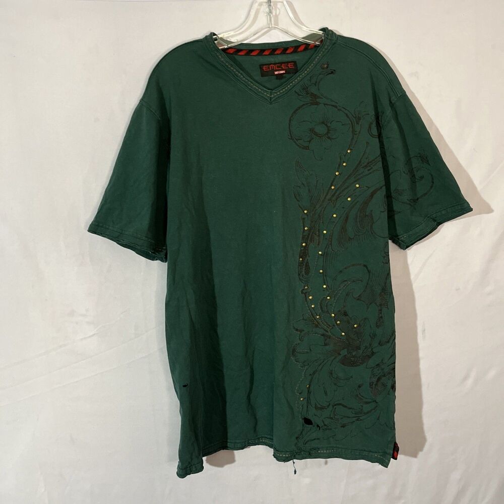 EMCEE Roughhouse Graphic Tee Large Green Studded Y2K Streetwear